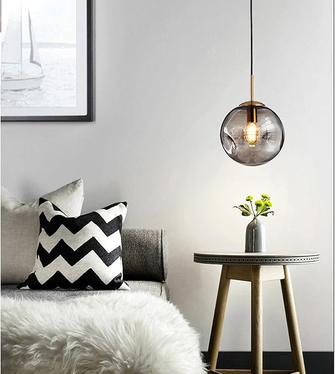 Brikey Glass Spherical Pendant Light,Gold Iron & Glass Globe Hanging Ceiling Lamp (7.8‘’, Grey)