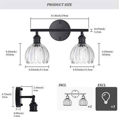 Bathroom Light Fixtures, 2-Light Black Vanity Wall Light Over Mirror with Clear Tulip Glass Shade for Bedroom Living Room (Bulb Not Included)