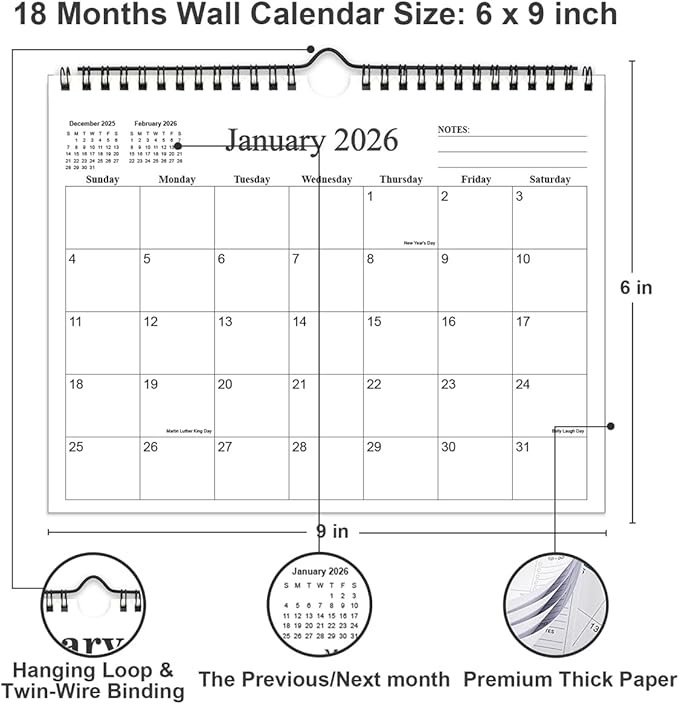 Small Wall Calendar 2026 - Mini Calendar 2026-2027 from January 2026 - June 2027, 18 Months Little Calendar with Premium Paper, 6" x 8", Black