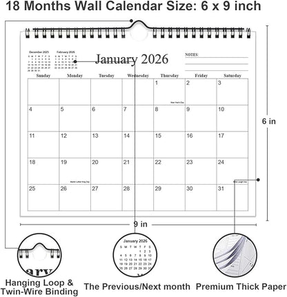 Small Wall Calendar 2026 - Mini Calendar 2026-2027 from January 2026 - June 2027, 18 Months Little Calendar with Premium Paper, 6" x 8", Black