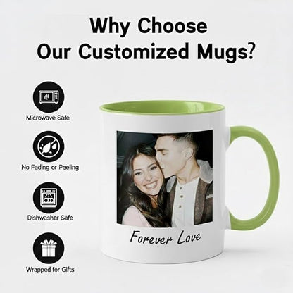 Custom Photo Coffee Mug, Personalized Forever Love Design Ceramic Cup for Anniversary Boyfriend Girlfriend Dishwasher Safe, 11oz (Green)