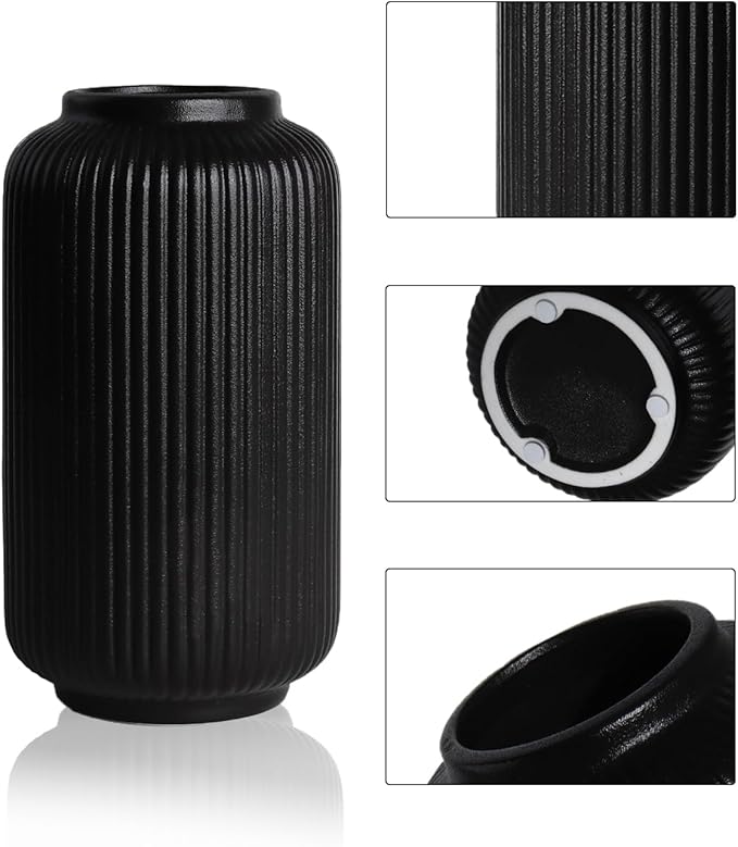 Matte Black Ceramic Flower Vase, 8 Inch Ribbed Vase for Pampas Grass, Fresh or Dried Flowers, Decorative Centerpiece for Living Room, Kitchen, Bookshelf, Office Decor