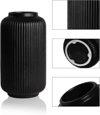 Matte Black Ceramic Flower Vase, 8 Inch Ribbed Vase for Pampas Grass, Fresh or Dried Flowers, Decorative Centerpiece for Living Room, Kitchen, Bookshelf, Office Decor
