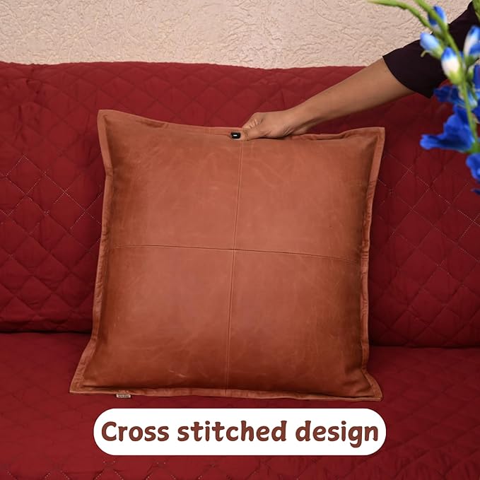 Lambskin Leather Pillow Cover - Sofa Cushion Case - Decorative Throw Covers for Living Room & Bedroom, 14x14 Inches - Orange Crunch Box Pack of 1