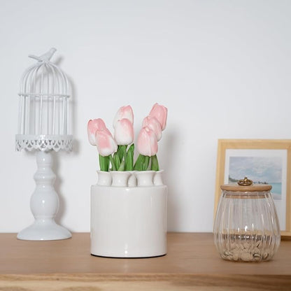Large Ceramic Vase Modern Cylinder Design with 7 Flower Openings, Perfect Centerpiece for Tulips、Hydrangeas、Roses and Wildflowers - Ideal Home Decor Gift for Birthdays Mothers Day