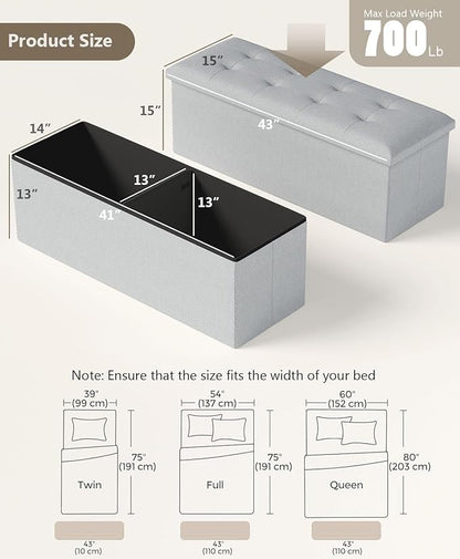 Folding Storage Ottoman Bench, Multi-Functional Ottoman Foot Rest, End of Bed Bench, Storage Chest for Living Room, Bedroom, Hallway, Entryway, Holds Up to 600 lbs (Light Gray, 43 Inches)