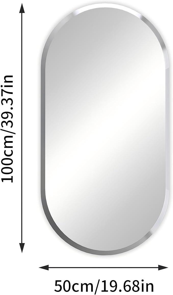 Frameless Oblong Wall Mirror: Decorative Oval Mirrored Glass Vanity with Beveled Silver Edge for Bathroom Bedroom Livingroom Dining Room Entryway Hallway, 40 x 20 inch