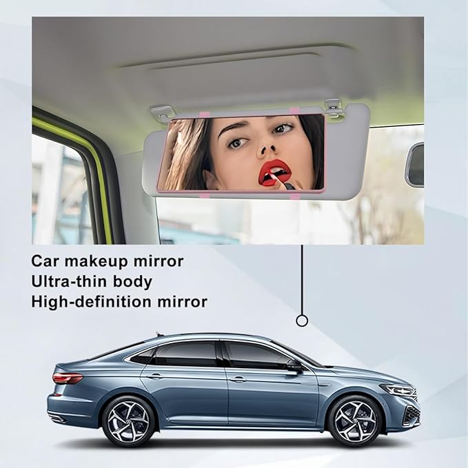 Car Sun Visor Vanity Mirror, Vehicle Sun-Shading Cosmetic Makeup Mirror with Straps, Large Automotive Interior Rearview Travel Accessories, Universal for SUV RV Truck (Pink/No LED)
