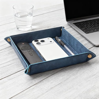 Valet Tray Desktop Storage Organizer – Premium PU Leather Catchall Bedside Vanity Tray Nightstand Caddy Holder for Remote Controller, Keys, Phone, Wallet, Coin, Jewelry,Blue