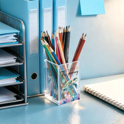 Trust The Journey Acrylic Pencil Holder Cup, Inspirational Gifts for Friends Coworker, Funny Sea Turtle Pen Holder for Women Girls Turtle Lover, Pencil Cup for Desk, Marker Makeup Organizer