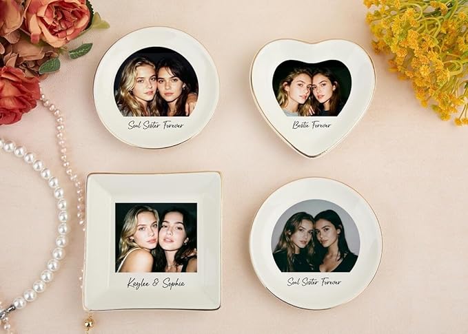Chillever Personalized Besties Photo Ring Dish, Custom Jewelry Dish Gift for Besties, Soul Sister Trinket Gift for Long Distance Friendship Women BFF Christmas Birthday Wedding Gifts DS3