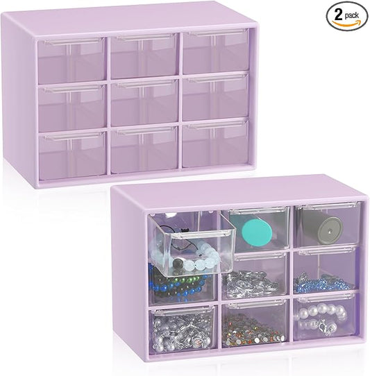 Wenqik 2 Pcs Mini Storage Drawers Teacher Toolbox Organizer with 9 Clear Drawers Small Plastic Desktop Teacher Desk Craft Organizer for Classroom Office 7" x 3. 9" x 4. 7"(Purple)