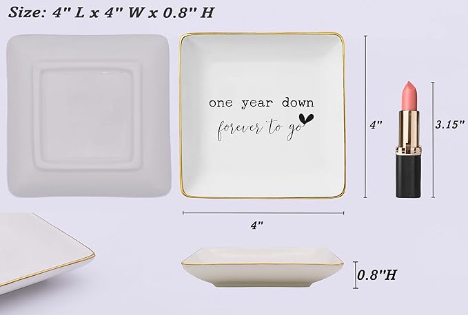 NZY One Year Down,Forever to Go-One Year Anniversary for Her-Valentine Gift,1st Wedding Gifts Anniversary for Wife Girlfriend-Ceramic Jewelry Tray Trinket Holder Ring Dish