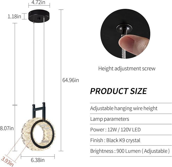 Kitchen Island Mini Light Fixture Modern Led Crystal Pendant Light Black Round Chandelier for Dining Room Living Room Kitchen Bedroom Bar（1-Pack）
