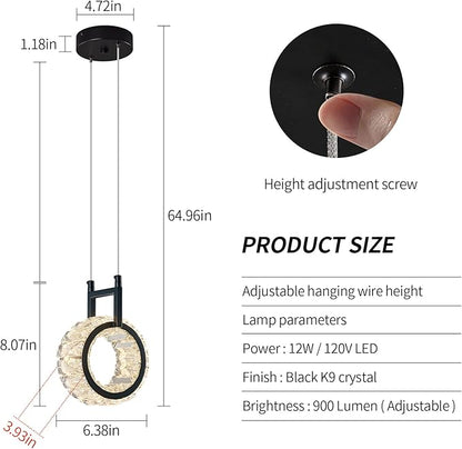 Kitchen Island Mini Light Fixture Modern Led Crystal Pendant Light Black Round Chandelier for Dining Room Living Room Kitchen Bedroom Bar（1-Pack）