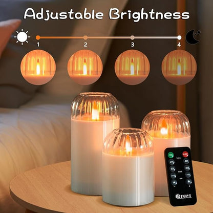 Rechargeable Jar Flameless Candle, Flashing LED Pillar Real Wax Candle with Remote Control and Timer, White Pumpkin Glass Electronic Candles for Room Decoration, 1 Set of 3