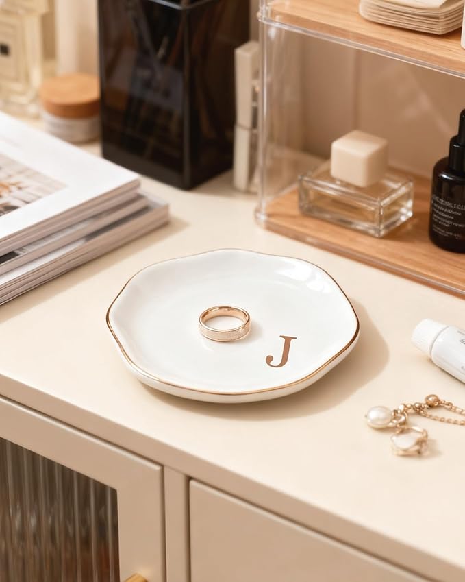 Fmeida Jewelry Tray Ring Dish for Women, Initials Ceramic Jewelry Dish, Personalized Aesthetic Decorative Birthday Valentines Mother's Day Christmas Gifts, 4.5", Rose Gold L