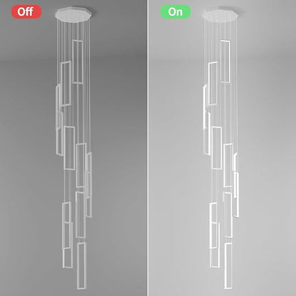 Modern Adjustable Height Pendant Light Fixture - White 252W LED Pendant Lights with 12 Rings - Rectangular Chandelier for Staircase, Lobby, Living Room, Foyer and High Ceiling