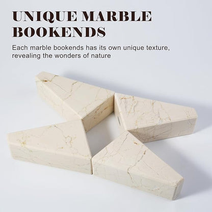 Koville Marble Bookends for Shelves, Large Bookends for Heavy Books, Non-Slip Heavy Duty Book Stopper for CD/Movies, Aesthetic Decorative Bookends for Shelves Table Home Decor(Beige)