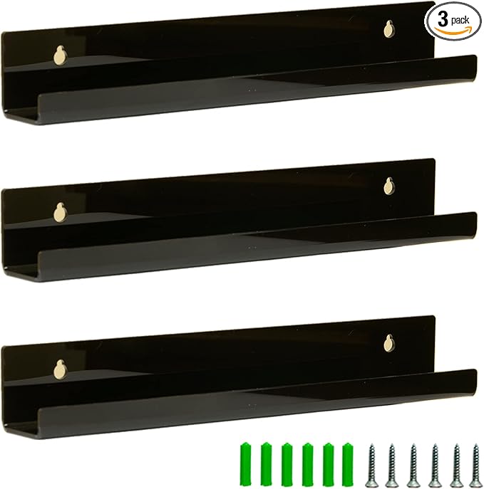 3 Pack Vinyl Record Wall Mount Holder-12 Inch Black Acrylic Shelf For Vinyl Record Display - Floating Book Shelves For Kids Room (Black)