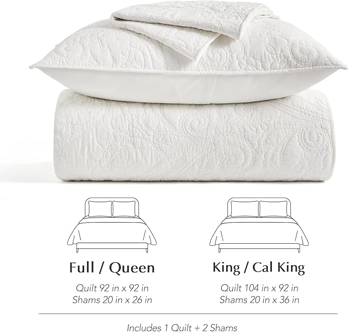 EVERGRACE 100% Cotton Paisley Quilt Set, Queen Size 3 Piece Set – Prewashed Lightweight Bedspread with 2 Shams, Soft & Breathable Matelasse Coverlet for All-Season Comfort, Bright White