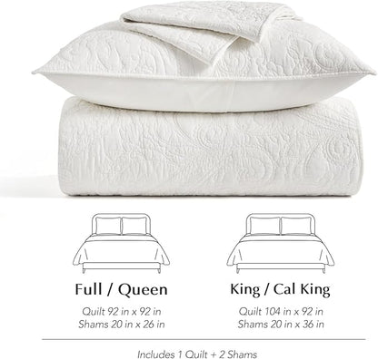 EVERGRACE 100% Cotton Paisley Quilt Set, Queen Size 3 Piece Set – Prewashed Lightweight Bedspread with 2 Shams, Soft & Breathable Matelasse Coverlet for All-Season Comfort, Bright White