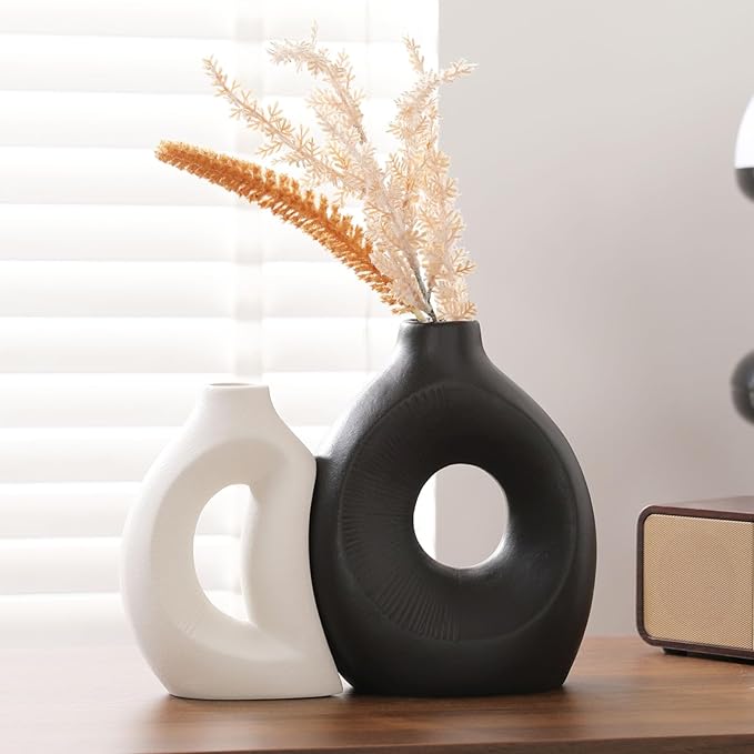 Ceramic Vase Set of 2 - Handcrafted Ceramic Vases for Home Decor & Shelf - Modern Farmhouse Decor for Kitchen, Office, Bedroom & Living Room Decorative Objects for Mantel, Table Centerpieces