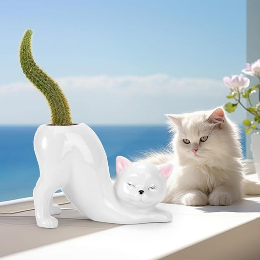 TOIVO Unique Cat Planter Pot，Indoor and Outdoor Plant Displays，Funny Ceramics Cat Flower Pot，Gifts for Cat Lovers，Lovely Office Desk Room Home Decor (White, Small)