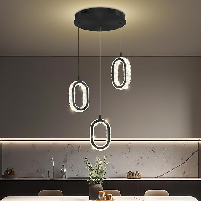 Oval Ring Chandelier Modern LED Pendant Lights for Kitchen Island Adjustable Crystal Ring Chandelier for Dining Room Bedroom Living Room 3-Light Black