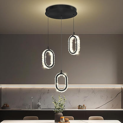 Oval Ring Chandelier Modern LED Pendant Lights for Kitchen Island Adjustable Crystal Ring Chandelier for Dining Room Bedroom Living Room 3-Light Black