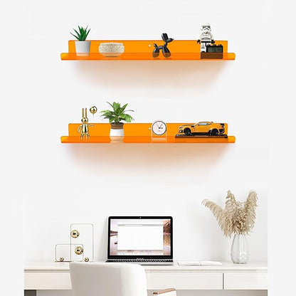 ROYALITA 24 Inches Acrylic Floating Book Shelves Wall Mounted Set of 2, Wall Hanging Plant Display Shelves, Room Decor Floating Wall Shelves for Gaming Room, Bedroom, Living Room, Office, Orange
