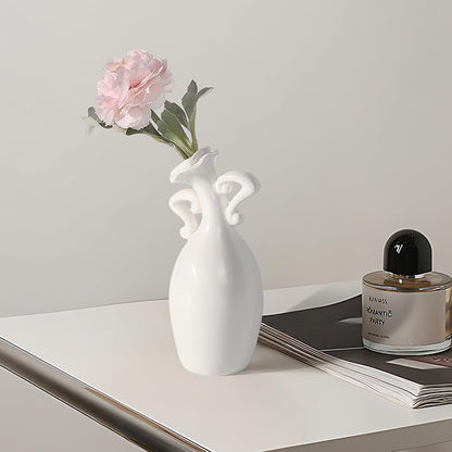 Vase with Attitude, White Ceramic Small Neck Vases, Novel and Lovely Unique Shape Vase, 7inch Modern Home Decoration Vases, Can Be Used As A Decoration for Dining Table Bookcase and Desk