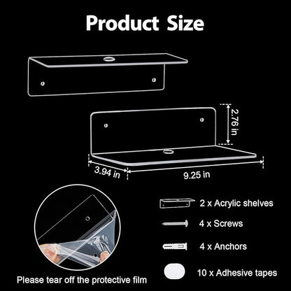 9 Inch Clear Acrylic Floating Shelf, No Drill Adhesive Wall Shelf Set of 2 for Storage, Floating Shelves Damage-Free Expand Wall Space for Living Room, Office, Gaming Room, Bathroom