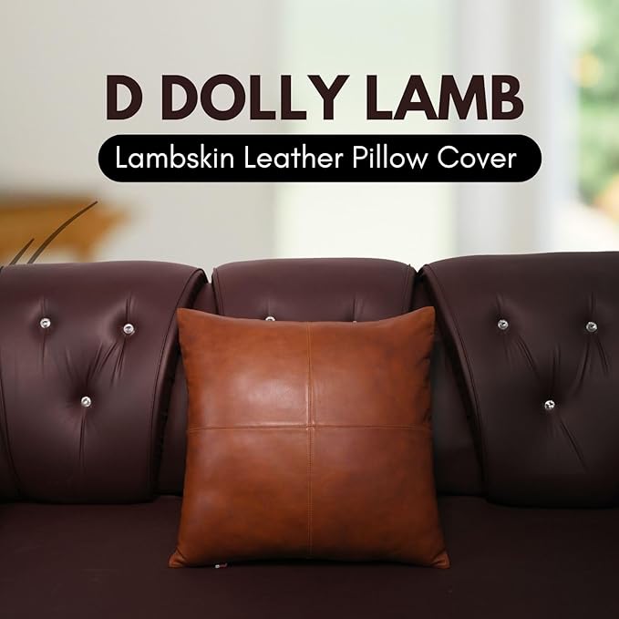 D DOLLY LAMB Lambskin Leather Pillow Cover - Sofa Cushion Case - Decorative Throw Covers for Living Room & Bedroom, 20x20 Inches - Mango Tan Antique Pack of 1