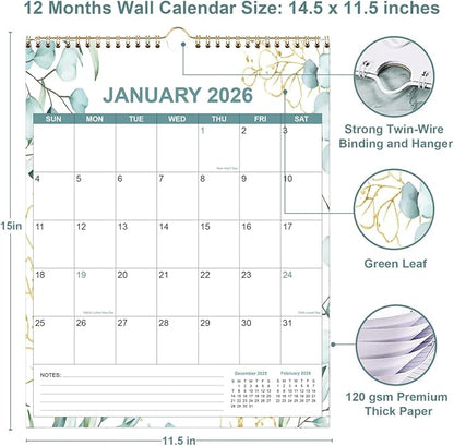 2026 Calendar - Calendar 2026 from January 2026 - December 2026, 12 Months Calendar/Planner with Thick Paper, 12" x 14.5", Vertical, Leaf