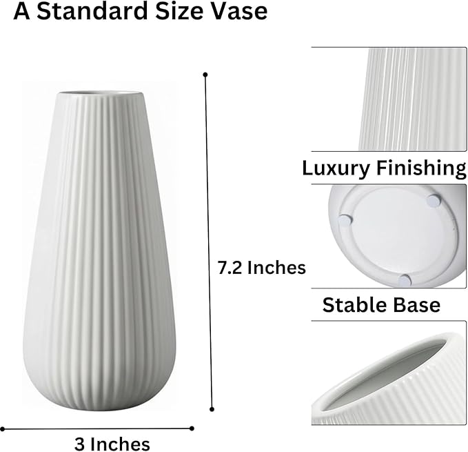 Luxury White Ceramic Vase, Modern Ribbed Fluted Design, Flower Vase for Home Decor, Cute Vase for Pampas Grass, Living Room, Dining Table, Farmhouse, Office, Bedroom, Kitchen Shelf