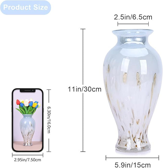 Hand Blown Glass Vase 11.8" Tall Beautiful Blue White Sea Wide Mouth Bud Vase for Table Centerpiece, Painted Colorful Murano Glass Flower Vases for - Home Entrance Wedding Center