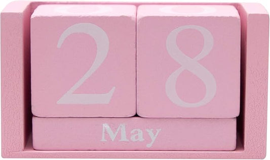 Framendino, Pink Vintage Wood Calendar Rustic Block Chic Perpetual Desktop Wooden Cubes for Home Office Desk Decoration