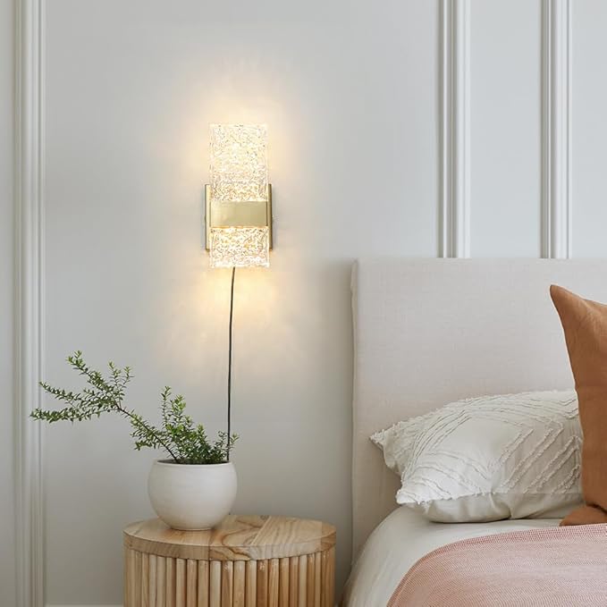 Plug in Wall Sconce Set of 2 - Small Gold Dimmable Bedroom Wall Light, Remote Control 6W LED 3000K-5000K Plug-in Wall Lamp with Timer, Acrylic Sconce Wall Lighting Bedside, Living Room, Bathroom