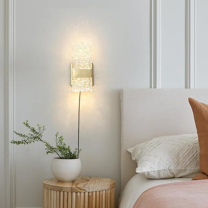 Plug in Wall Sconce Set of 2 - Small Gold Dimmable Bedroom Wall Light, Remote Control 6W LED 3000K-5000K Plug-in Wall Lamp with Timer, Acrylic Sconce Wall Lighting Bedside, Living Room, Bathroom