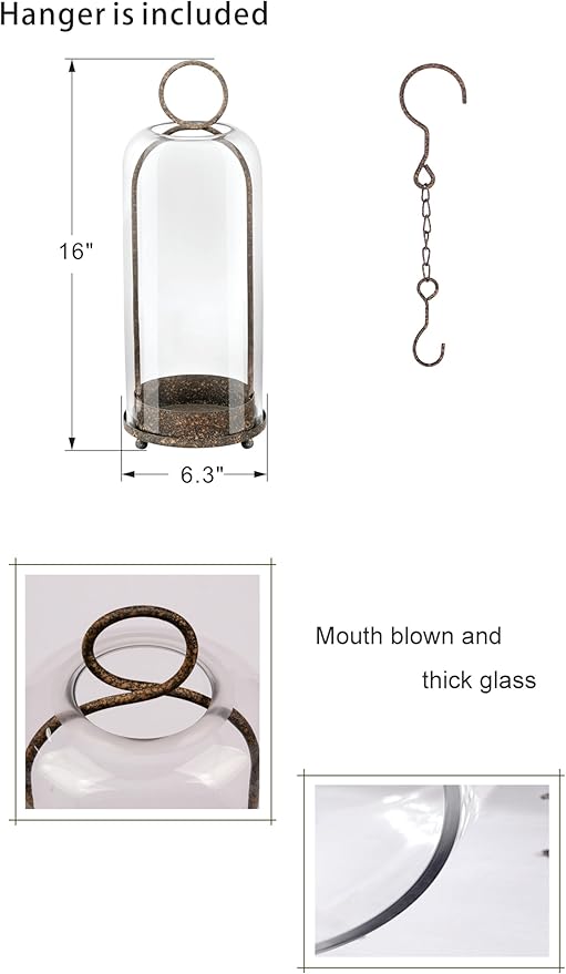 16" High Versatile Modern Metal Hurricane Lantern with Handmade Sturdy Glass Dome in Rustic Brown for Pillar Candle & Plants, Industrial, Farmhouse, Shabby Chic (Brown, 6.3:x16.5)