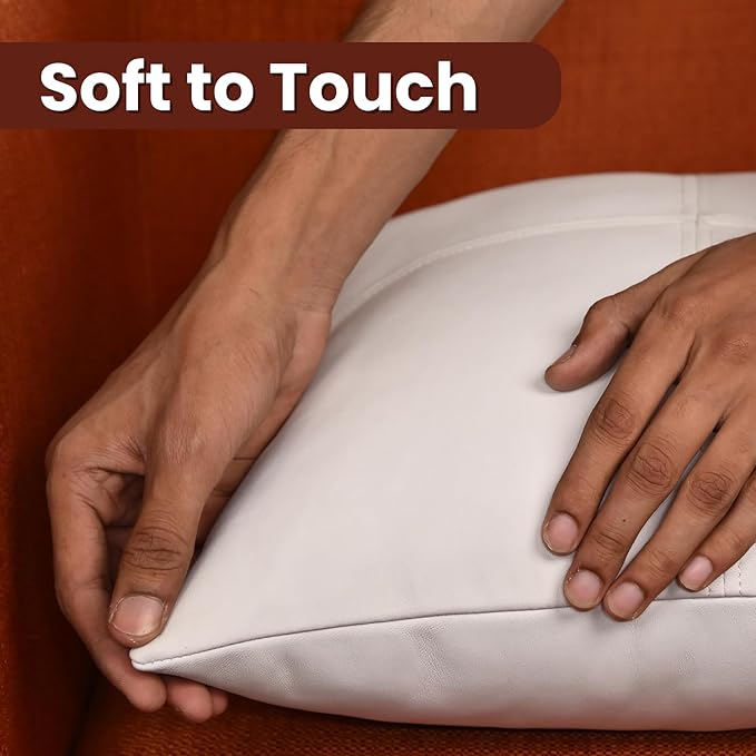 LL LEATHER LOVERS Lambskin Leather Pillow Cover, Hand Panel Stitched Leather Decorative Throw Pillow Covers for Couch Sofa Bed Living Room Garden (16x16 Inches, White Pack of 2)