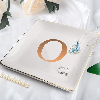 ANOTION Jewelry Tray Ring Dish with Ini-tial Gift- Personalized Trinket Dish and Jewelry Dish with Gold Initials Key Bowl Ceramic Holder, Unique Wedding or Engagement Present