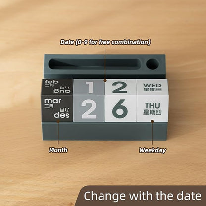 Block Calendar for Desk, Daily Desktop Perpetual Desk Calendar, Cute Date Display Blocks Desk Accessory for Home Office Decor, Teacher, Classroom, Reusable Yearly (Grey, With phone holder)