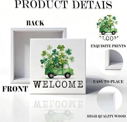 St Patrick Decor Welcome Wooden Box Sign, Shamrock Truck Farmhouse Tabletop Decor for Home Entryway Shelf Desk, Rustic Holiday Wooden Welcome Sign for Irish Theme Home 5 x 5 Inches