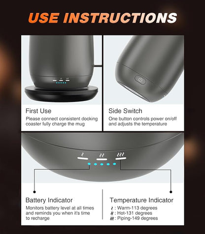 Kepwam Self Heating Coffee Mug T2, 16oz Smart Heated Coffee Mug, 150 Min Battery Life - Hot up to 149℉ Temperature Control Coffee Mug Warmer, Gifts for Dad Mom (No APP)