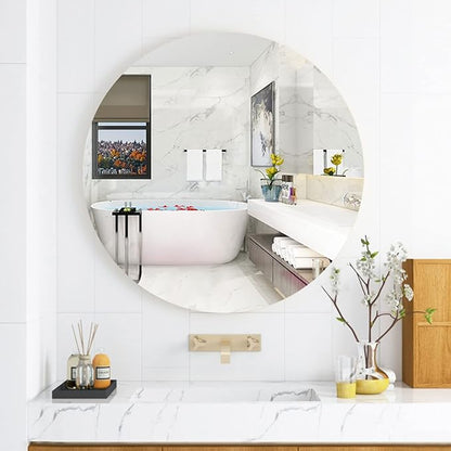 DARENYI 12 inch Glass Round Mirror with Adhesive Tapes, Frameless Wall Mounted Circle Mirror for Wall Door Home Bathroom Bedroom Living Room Decor
