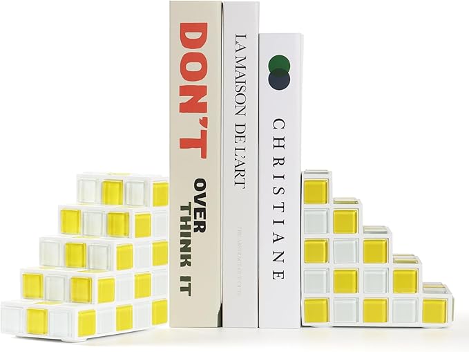 Decorative Bookends for Shelves - Stair Book Ends for Heavy Books - Unique Book Stopper & Holder for Shelves - Modern Home Decor Aesthetic Bookshelf Decor (Yellow & White)