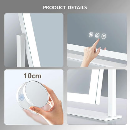Lighted Makeup Mirror, 17.3"x13" Hollywood Vanity Mirror with Led Lights, Three Color Lighting Modes, and 10X Magnification Mirror, Smart Touch Control, 360°Rotation (White, Gift Box)