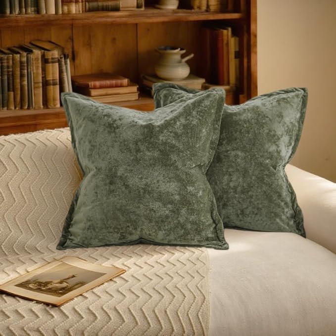 Velvet Pillow Covers 2 Pack Soft 26x26 Pillow Covers Solid Square Euro Shams Decorative Couch Pillow Cases with Wide Border for Sofa Bed Home Decor,Army Green